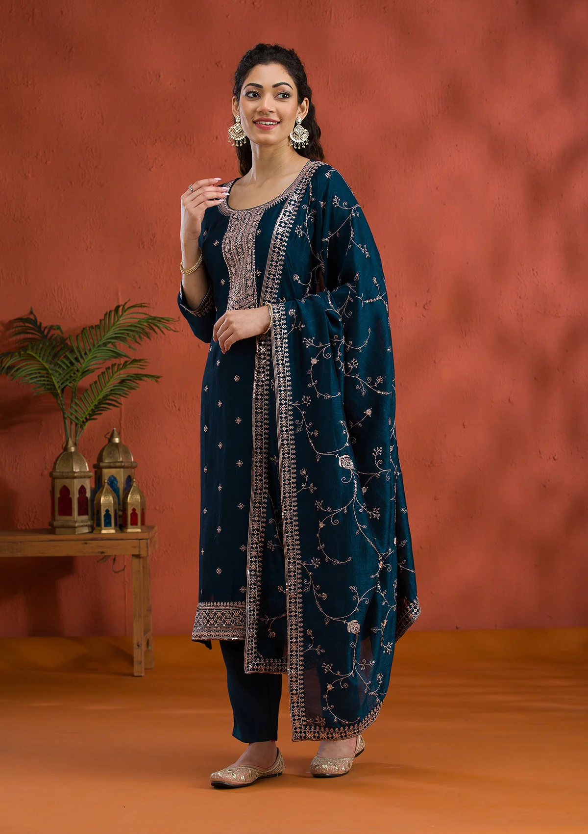 Peacock Blue Soft Raw Silk Threadwork Straight Kurta With Pant Regular And Dupatta